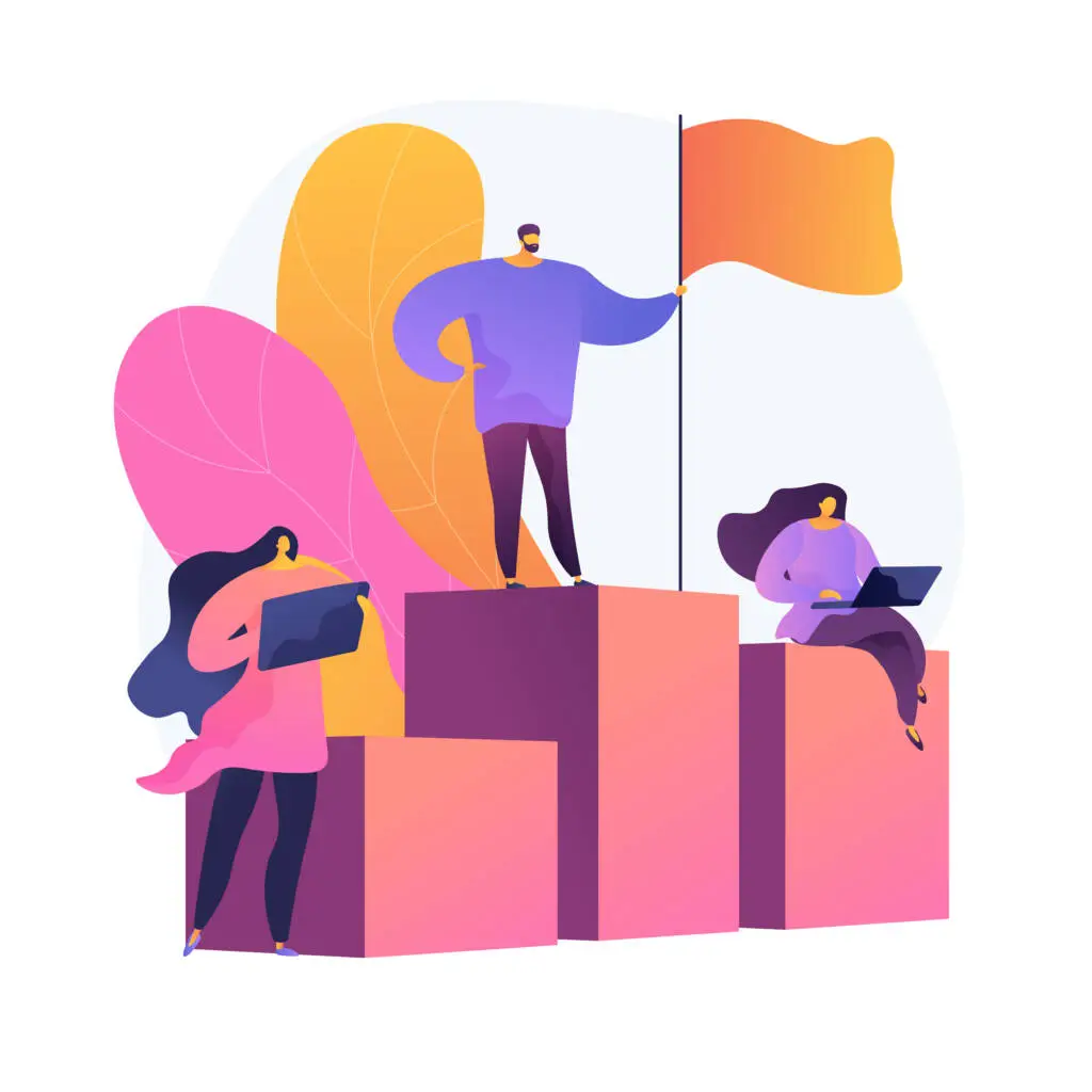 Leadership and success. Best worker on pedestal. Achievement, development, motivation. Employee character standing on bar chart with flag. Vector isolated concept metaphor illustration